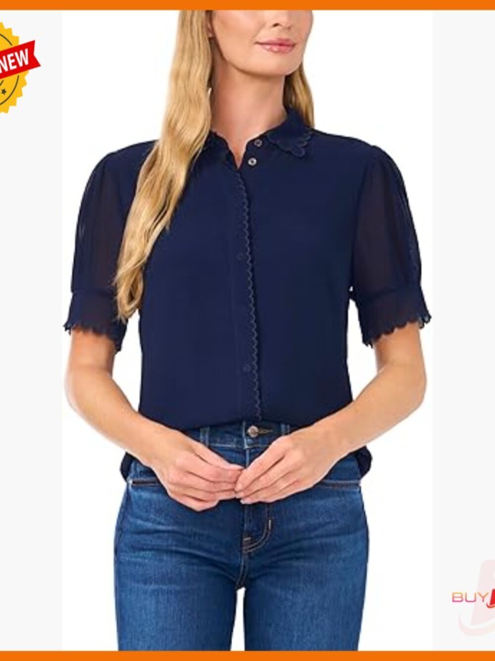 Short Sleeve Button Up Top with Scallop Trim, Lined, Regular Fit